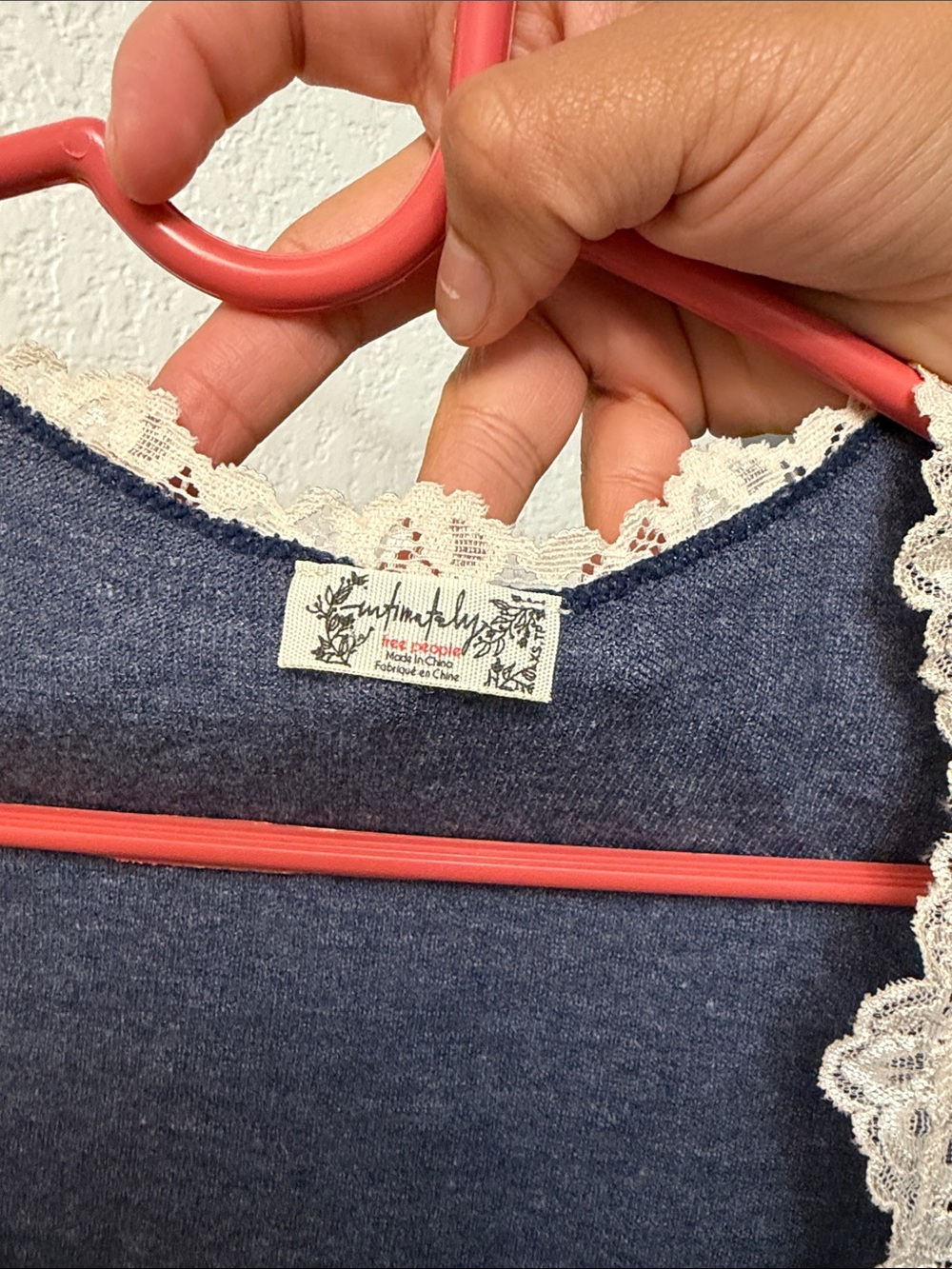 Free People Navy Scoop Neck Tee with Cream Lace Trim - Picture 3 of 3